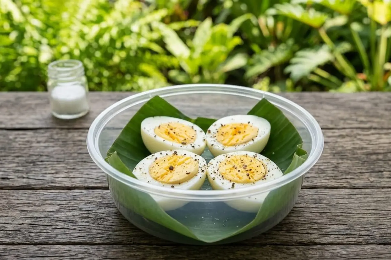 Freshly boiled eggs served on a banana leaf